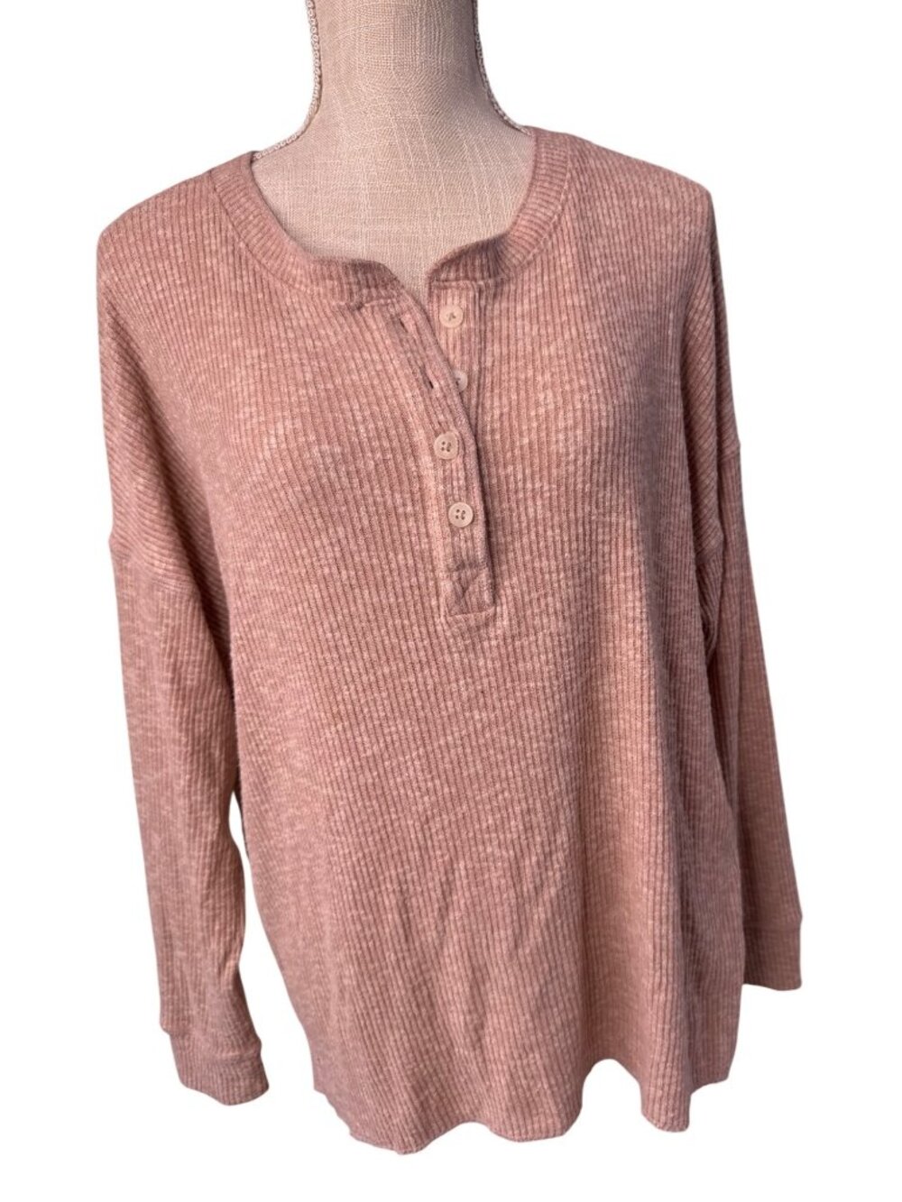 American Eagle Plush Long-Sleeve Henley T-Shirt L Pink Ribbed Relaxed Fit